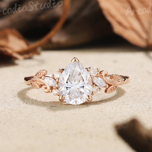 Art Deco Pear Moissanite Engagement Ring Diamond Cluster Ring Solid Gold Vintage Natural Inspired Vine Rings Anniversary Gifts For Women
