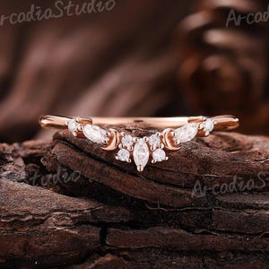 Unique Moissanite Wedding Band Gold Rings Diamond Curved Wedding Band Dainty Moon Stacking Ring Custom Rings For Women Anniversary Gift