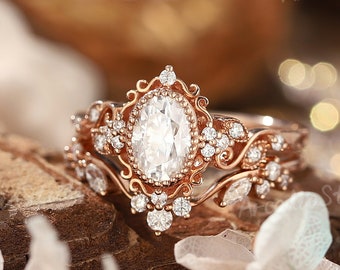 Unique Moissanite Engagement Ring Set Floral Ring Rose Gold Ring Set Leaf Ring Bridal Set Diamond Ring Cluster Ring Vintage Rings for Women
