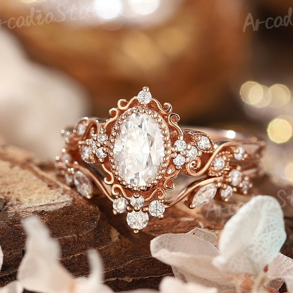 Oval Moissanite Floral Engagement Ring Set, Rose Gold Leaf Bridal Rings, Vintage Wedding Rings for Women, Milgrain Bezel Set, Fine Jewelry