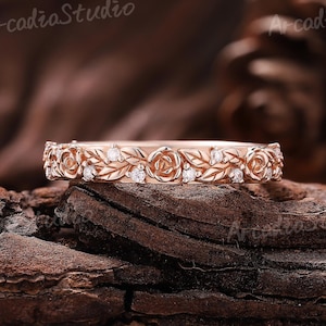 Unique Diamond Ring Solid Gold Rose Floral Ring Moissanite Leaf Wedding Band Vintage Handmade Ring Promise Rings For Women Anniversary Gift