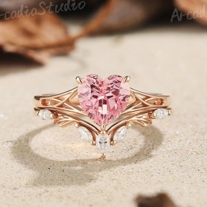 Pink Sapphire Engagement Ring Set Enhancer Wedding Band Heart Ring Art Deco Moissanite Personalized Jewelry Promise Rings Gifts For Women