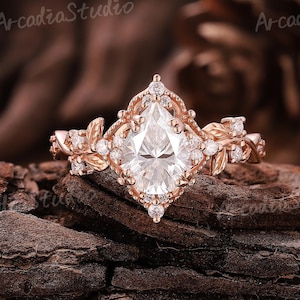 Vintage Moissanite Engagement Ring Rose Gold Leaf Ring Unique Diamond Cluster Wedding Rings Branch Ring Handmade Ring Anniversary Gift