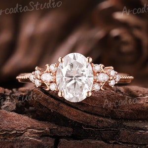 Vintage Moissanite Engagement Ring Oval Shaped Rose Gold Ring Unique Floral Ring Branch Ring Cluster Diamond Wedding Rings For Women Gift