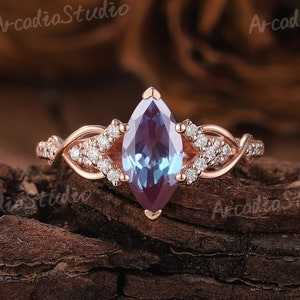 Vintage Alexandrite Engagement Ring Marquise Ring Moissanite Cluster Ring Rose Gold Alexandrite Ring Infinity Ring Promise Rings for Women