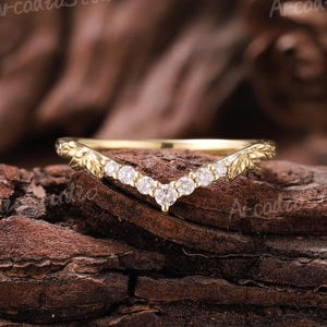 Unique Moissanite Wedding Band Solid Gold Rings Moissanite Curved Stacking Ring Leaf Wedding Ring Matching Ring Women Handmade Jewelry