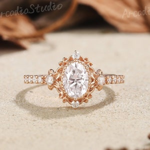Oval Shaped Moissanite Engagement Ring Unique Rose Gold Wedding Ring Diamond Wedding Ring Flower Design Ring Promise Jewelry Ring For Women