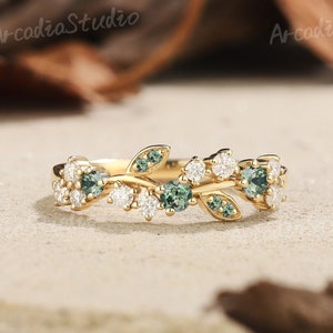 Grüner Saphir Verlobungsring Einzigartige Naturinspirierte Ehering Moissanit Diamant Cluster Ring Saphir Blätter Versprechen Geschenke Für Frauen