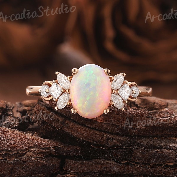 Vintage Oval Shaped Opal Engagement Ring Marquise Cut Moissanite Cluster Ring Rose Gold Opal Ring Unique Diamond Ring Promise Ring for Women