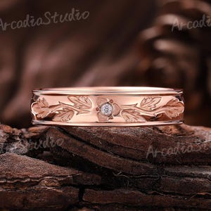 Unique Moissanite Mens Wedding Band Solid Gold Birth Flower Engraving Mens Wedding Band Minimalist Ring Stacking Matching Ring Gift For Him