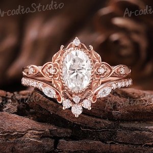 Vintage Moissanite Engagement Ring Set Unique Oval Wedding Rings Rose Gold Floral Ring Cluster Diamond Bridal Ring Anniversary Gift For Her