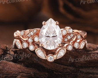 Pear Moissanite Engagement Ring Set Unique Rose Gold Diamond Curved Wedding Band Floral Ring Anniversary Ring Promise Rings For Women