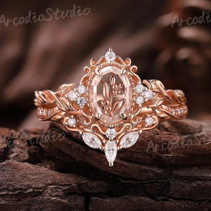 Vintage Oval Moissanite Engagement Ring Set Rose Gold Dainty Floral Rings Unique Cut Moissanite Wedding Ring Set Anniversary Gift For Her