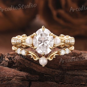 Unique Moissanite Engagement Ring Set Solid Gold Moissanite Wedding Ring Set Dainty Diamond Ring Vintage Pearl Rings Promise Ring For Women