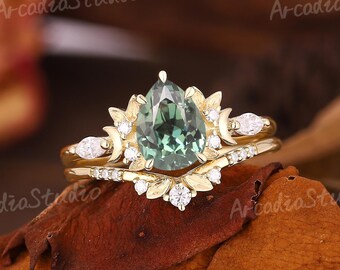 Unique Pear Green Sapphire Engagement Ring Set Gold Inspired Monon Leaf Design Bridal Set for Women Handmade Jewelry Custom Gift for Her