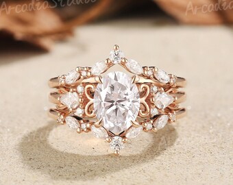 Unieke ovaal geslepen Moissaniet verlovingsring set bladring Moissaniet Enhancer trouwring diamanten trouwring set vintage ringen voor vrouwen