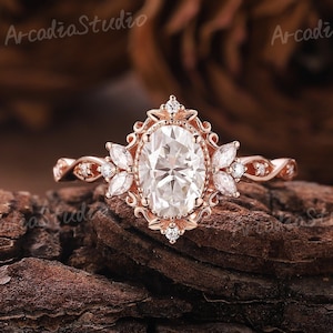 Unique Moissanite Engagement Ring Art Deco Vintage Oval Moissanite Ring Rose Gold Ring Nature Inspired Diamond Ring Promise Rings For Women