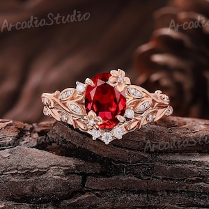 Unique Oval Ruby Engagement Ring Set 14k Gold Oval Cut Fairy Wedding Rings for Women Moissanite Floral Bridal Set Custom Gift for Her