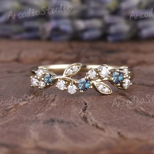 Unique Round Alexandrite Engagement Ring Solid Gold Wedding Ring Vintage Nature Inspired Ring Art Deco Moissanite Leaf Floral Ring For Her