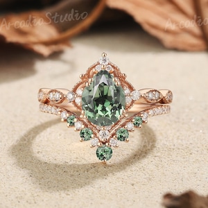 Grün Saphir Verlobungsring Set Vinatge Solid Gold Moissanit Cluster Ehering Blumen Design Ring Versprechen Schmuck Ring für Frauen