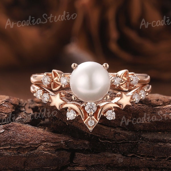 Unique Akoya Pearl Engagement Ring Set Moissanite Cluster Ring Star Moon Wedding Band Celestial Ring Celtic Ring Promise Rings for Women