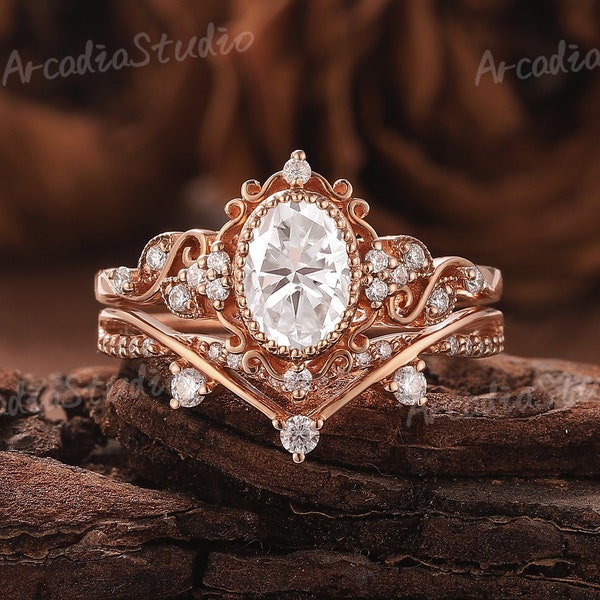 Unique Oval Moissanite Engagement Ring Set Rose Gold Floral Ring Set Moissanite Cluster Ring Set Art Deco Bridal Set Promise Rings for Women