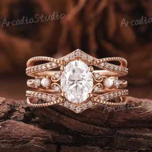 Vintage Oval Moissanite Engagement Ring Set Enhancer Rings Rose Gold Pearl Ring Milgrain Wedding Ring Art Deco Ring Promise Rings for Women