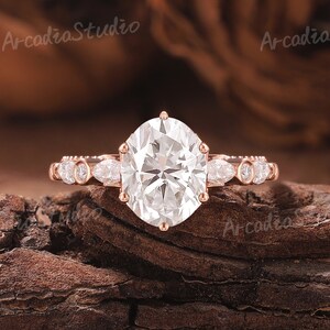 Oval Shaped Moissanite Engagement Ring Rose Gold Moissanite Cluster Wedding Ring Vintage Custom Promise Ring For Women Handmade Jewelry