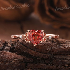 Unique Heart Cut Orange Sapphire Engagement Ring Unique Sapphire Love Rings for Women Celtic Knot Three Stone Ring Anniversary Gift for Her