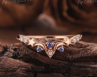 Unico Moissanite Fede nuziale Stella Luna Anello Celeste Anello Rosa Glod Cruved Wediing Anello Moissanite Anelli vintage impilabili per le donne