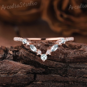 Vintage Aquamarine Weddding Band Moissanite Curved Wedding Ring Cluster Ring Aquamarine Jewelry Stackable Rings Anniversary Gifts for Her