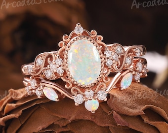 Vintage Opal Engagement Ring Set Rose Gold Opal Floral Ring Set Unique Leaf Ring Opal Bridal Set Diamond Cluster Ring Wedding Bands Women
