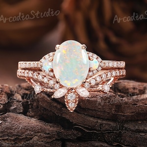 Unique Opal Engagement Ring Set Gold Ring Set Dainty Opal Ring Moissanite Wedding Ring Vintage Diamond Curved Wedding Band Rings For Women
