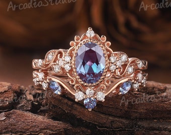 Oval Alexandrite Engagement Ring Set Rose Gold Floral Wedding Ring Set Unique Diamond Ring Filigree Ring Cluster Rings For Women