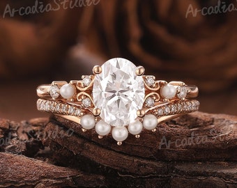Vintage Moissanite Engagement Ring Set Dainty Pearl Cluster Ring Set Rose Gold Bridal Rings Wedding Ring Set Unique Promise Rings for Women