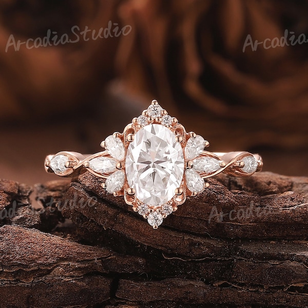 Antique Oval Shaped Moissanite Engagement Ring Moissanite Wedding Ring Diamond Cluster Ring Art Deco Rose Gold Ring Anniversary Gift for Her