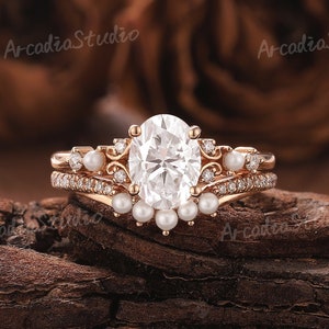 Vintage Moissanite Engagement Ring Set Dainty Pearl Cluster Ring Set Rose Gold Bridal Rings Wedding Ring Set Unique Promise Rings for Women