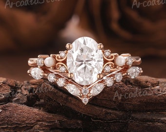 Vintage Moissanite Engagement Ring Set Solid Gold Ring Moissanite Cluster Wedding Ring Set Art Deco Floral Ring Anniversary Gifts for Women