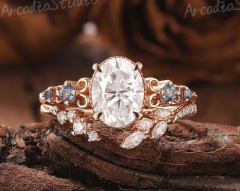 Vintage Moissanite Engagement Ring Solid Gold Alexandrite Cluster Ring Oval Cut Moissanite Ring Open Wedding Ring Bridal Set Rings for Women