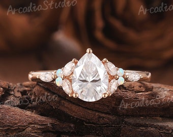Anillo de compromiso Moissanite único Vintage pera Moissanite anillo de boda anillos de oro sólido regalo único hecho a mano Art Deco aniversario regalo mujeres