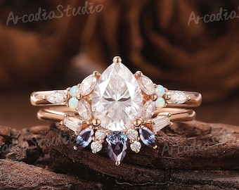 Vintage Pear Moissanit Verlobungsring Set Alexandrit Cluster Ehering Set Brautset Art Deco Roségold Diamant Cluster Versprechensring