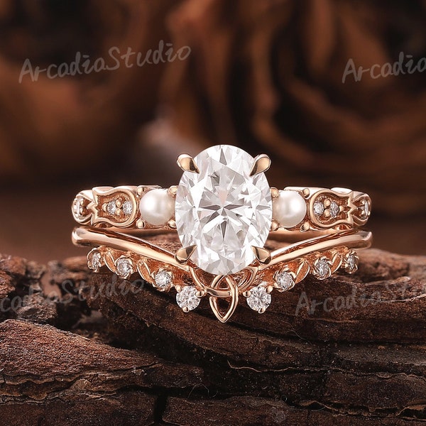 Unique Oval Moissanite Engagement Ring Set Pearl Cluster Ring Set Bridal Set Rose Gold Floral Wedding Ring Art Deco Promise Rings for Women