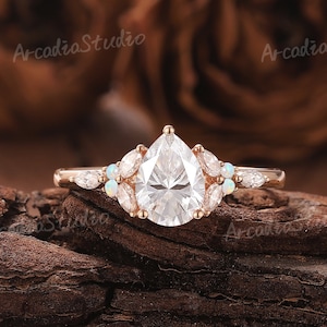 Unique Moissanite Engagement Ring Vintage Pear Moissanite Wedding Ring Solid Gold Rings Unique Handmade Gift Art Deco Anniversary Gift Women