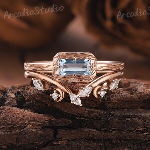 Unique Aquamarine Engagement Ring Set Moon Ring Baguette Ring Solid Gold Ring Set Leaf Ring Bridal Set Art Deco Ring Promise Rings for Women
