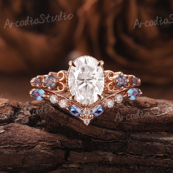 Unique Moissanite Engagement Ring Set Rose Gold Alexandrite Wedding Ring Set Art Deco Bridal Set Cluster Diamond Wedding Band Promise Rings