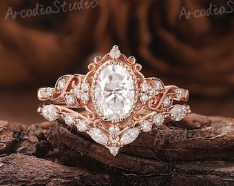 Unique Moissanite Engagement Ring Set Natural Leaf Floral Ring Rose Gold Curved Wedding Ring Bridal Set Diamond Ring Vintage Rings for Women