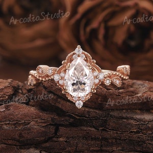 Einzigartige Birne Moissanite Verlobungsring Rose Gold Art Deco Diamant Cluster Ring Vintage Moissanite Floral Ring Handgemacht Schmuck Geschenke für Sie