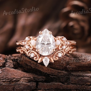 Vintage Oval Moissanite Engagement Ring Set Gold Ring Moissanite Floral Wedding Ring Set Art Deco Pearl Ring Filigree Promise Ring For Women