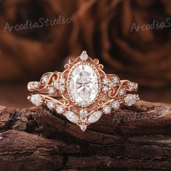 Unique Moissanite Engagement Ring Set Natural Leaf Floral Ring Rose Gold Curved Wedding Ring Bridal Set Diamond Ring Vintage Rings for Women