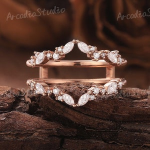 Vintage Marquise Moissanite Enhancer Ring Rose Gold Moissanite Curved Wedding Band Stacking Matching Ring Promise Wedding Ring For Women